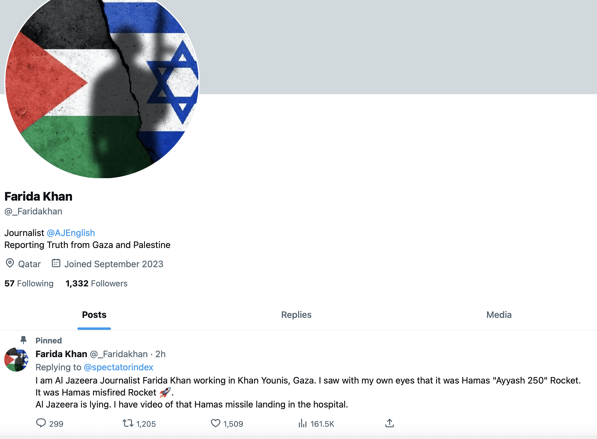 Ein Account vor weißem Hintergrund auf X. Im Profilbild: Die Flaggen von Israel und Palästina.