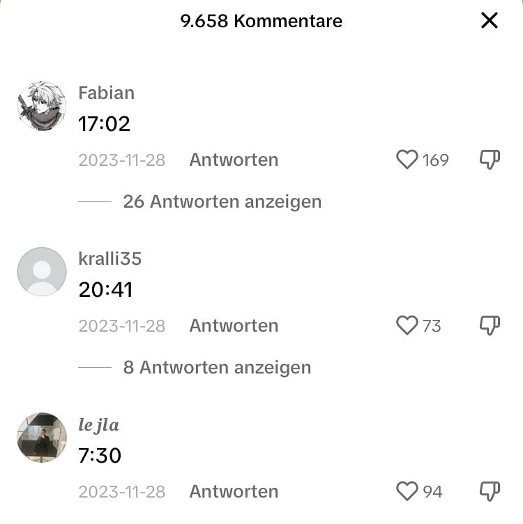 Screenshot einer Kommentarspalte. Nutzende kommentieren Uhrzeiten, zum Beispiel 7:30.