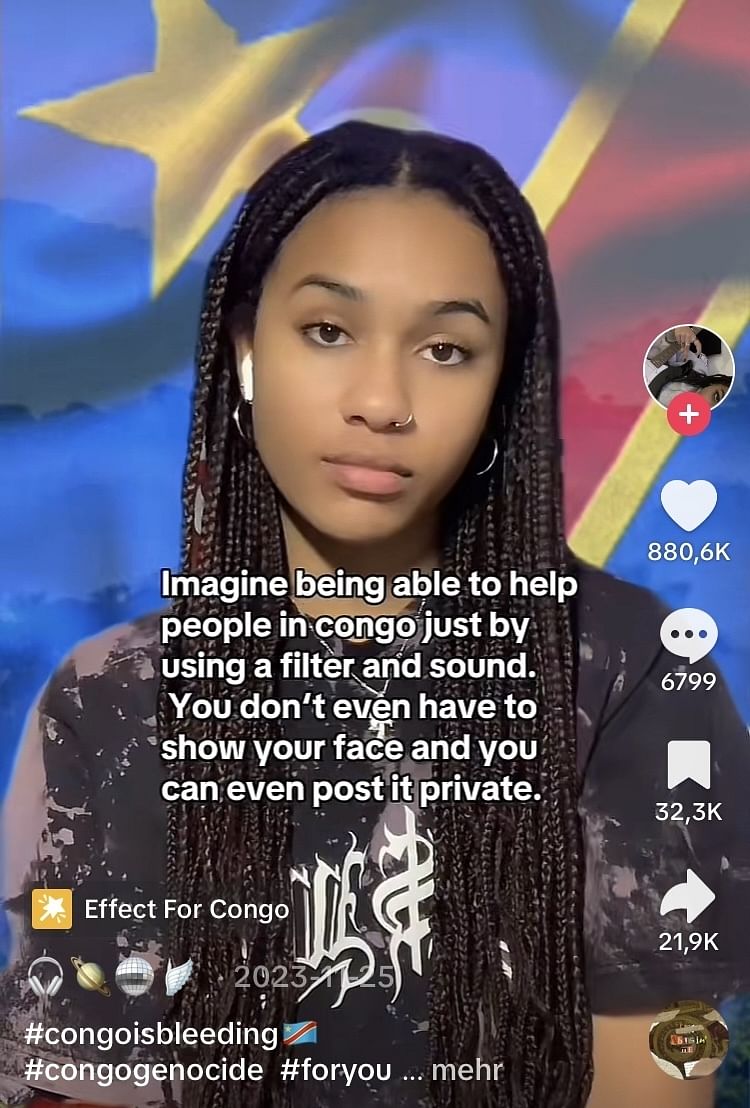 Eine junge Frau blickt ernst in die Kamera. Dazu steht auf Englisch: Imagine being able to help people in congo just by using a filter and sound. You don't even habe to show your face and you can even post it private.