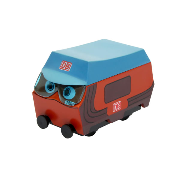 Spielzeugmodell eines Zuges der Deutschen Bahn mit anthropomorphisierten Zügen, erkennbar an den blauen Augen und dem Gesicht auf der Front. Der Zug ist in den typischen Farben der Deutschen Bahn gehalten, mit einem hellblauen Dach und einem rotbraunen Körper, auf dem das DB-Logo zu sehen ist.