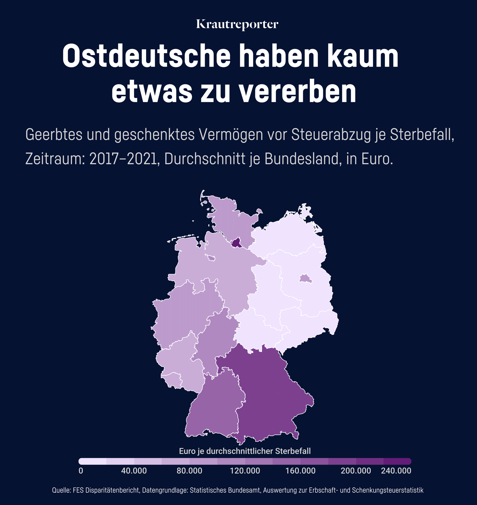 Eine Karte die zeigt, wo die Menschen in Deutschland wie viel vererben. Im Osten ist es viel weniger.