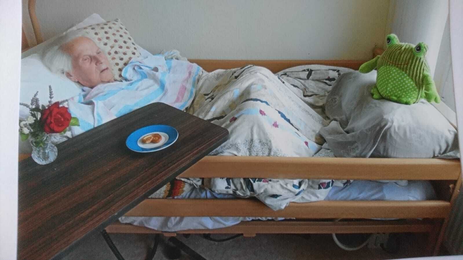 Dieses Bild zeigt meine Uroma, als sie schon nicht mehr aufstand. Insgesamt zwei Jahre lag sie nur in ihrem Bett. Auf dem Bild liegt sie in einem Bett, zugedeckt mit einer Bettdecke. Vor ihr ein Tisch mit einem Keksteller.