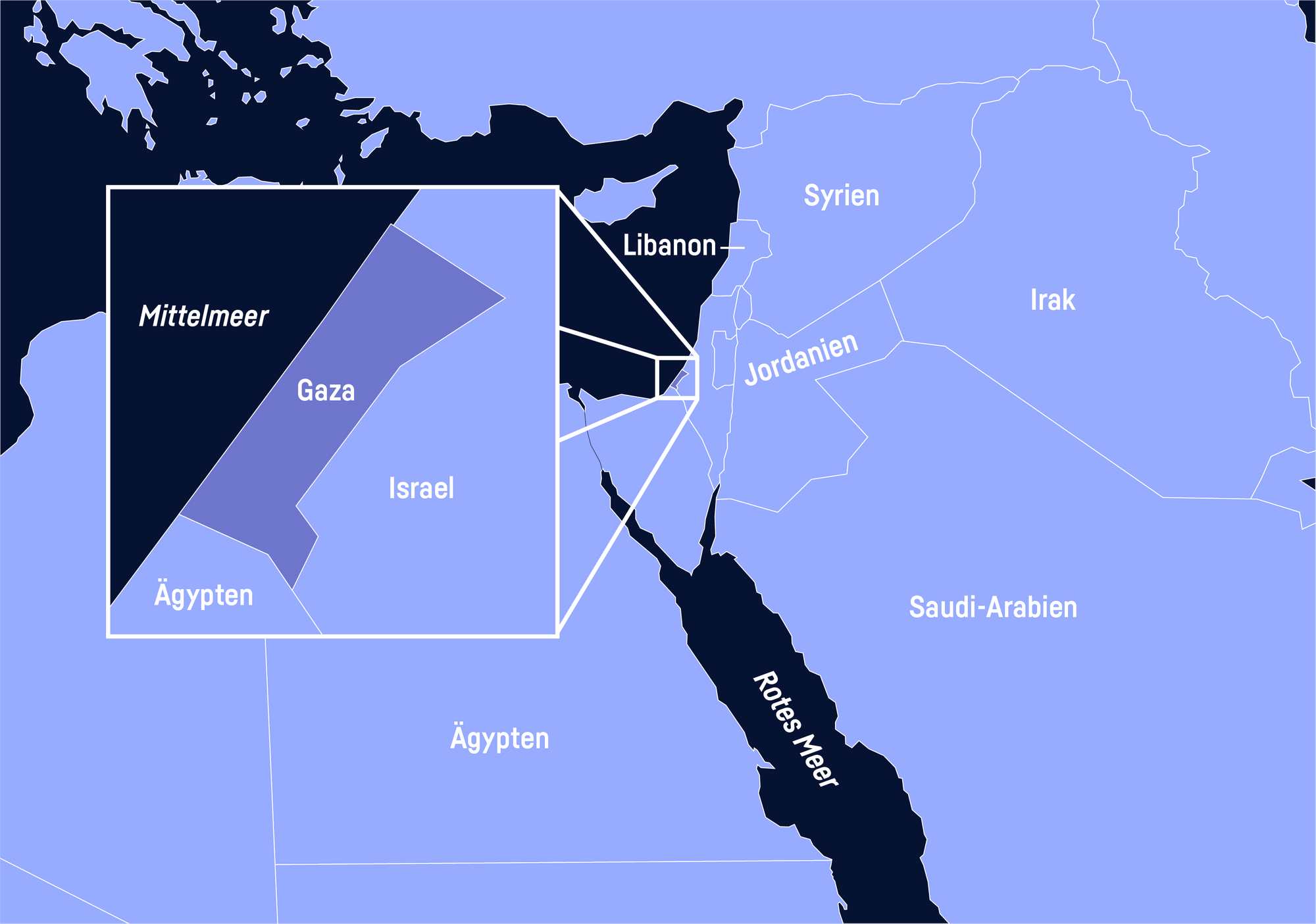 Karte, auf der Israel und Gaza eingezeichnet sind.