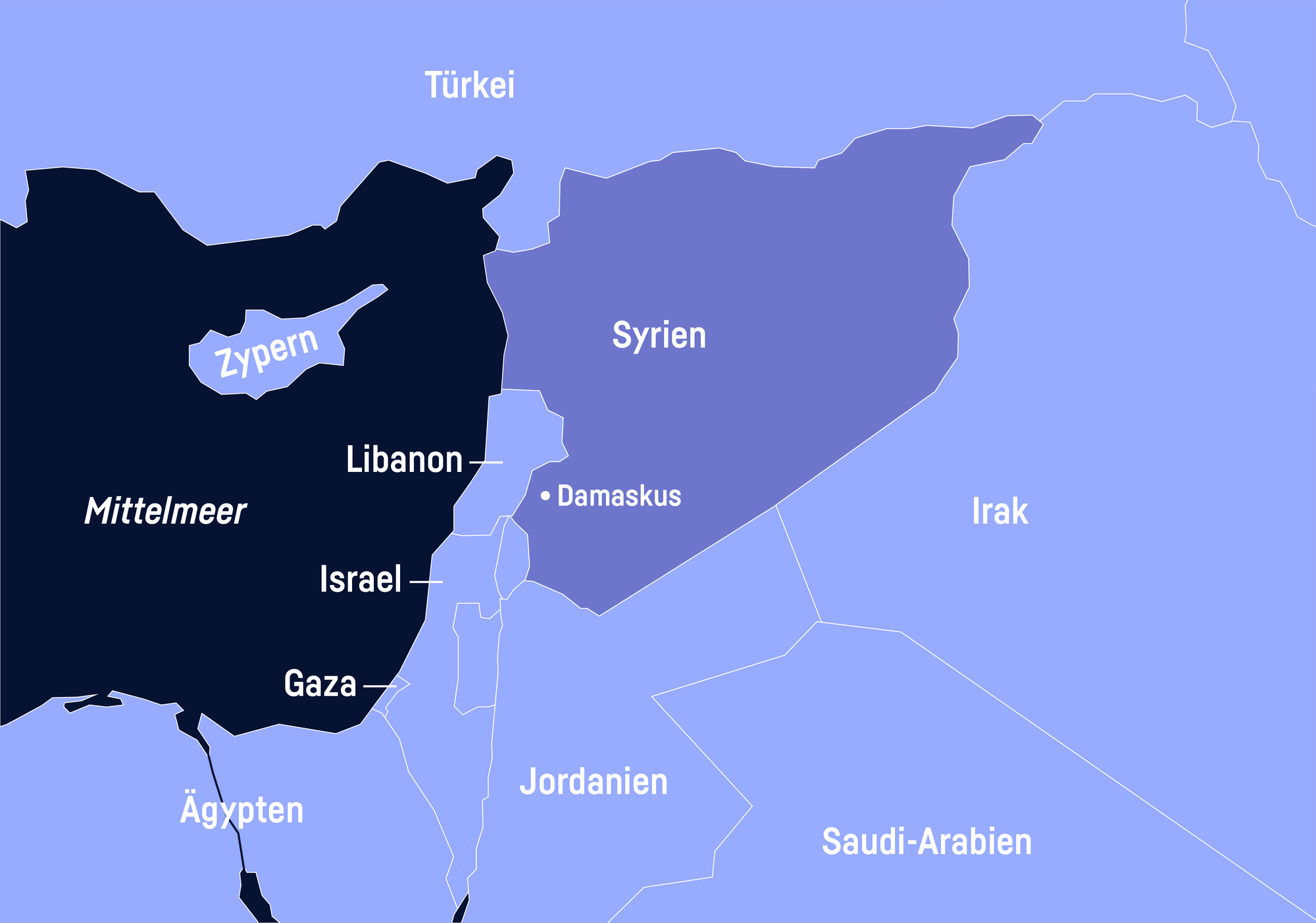 Karte, auf der Syrien mit Hauptstadt Damaskus eingezeichnet ist.