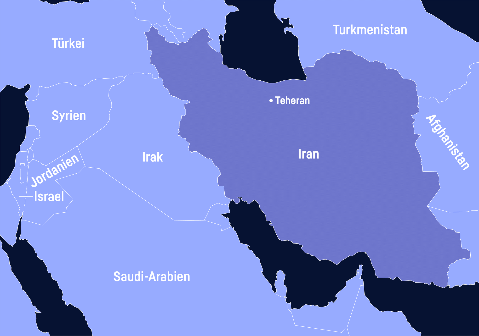 Karte, auf der Iran mit Hauptstadt Teheran eingezeichnet ist.