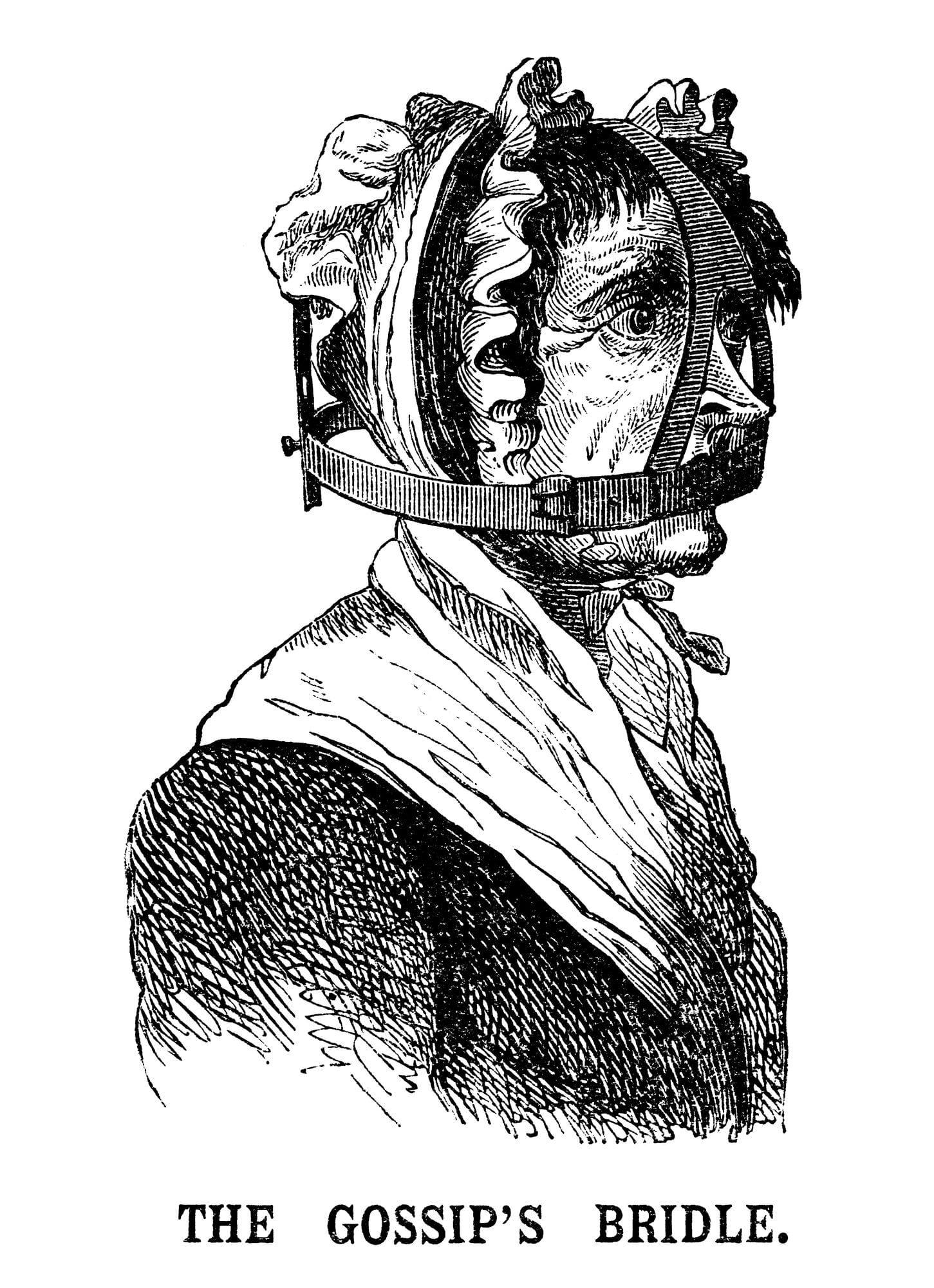 Illustration einer Erfindung, um Frauen am Reden zu hindern: Ein metallener Käfig, der um den Kopf geschlossen wird.