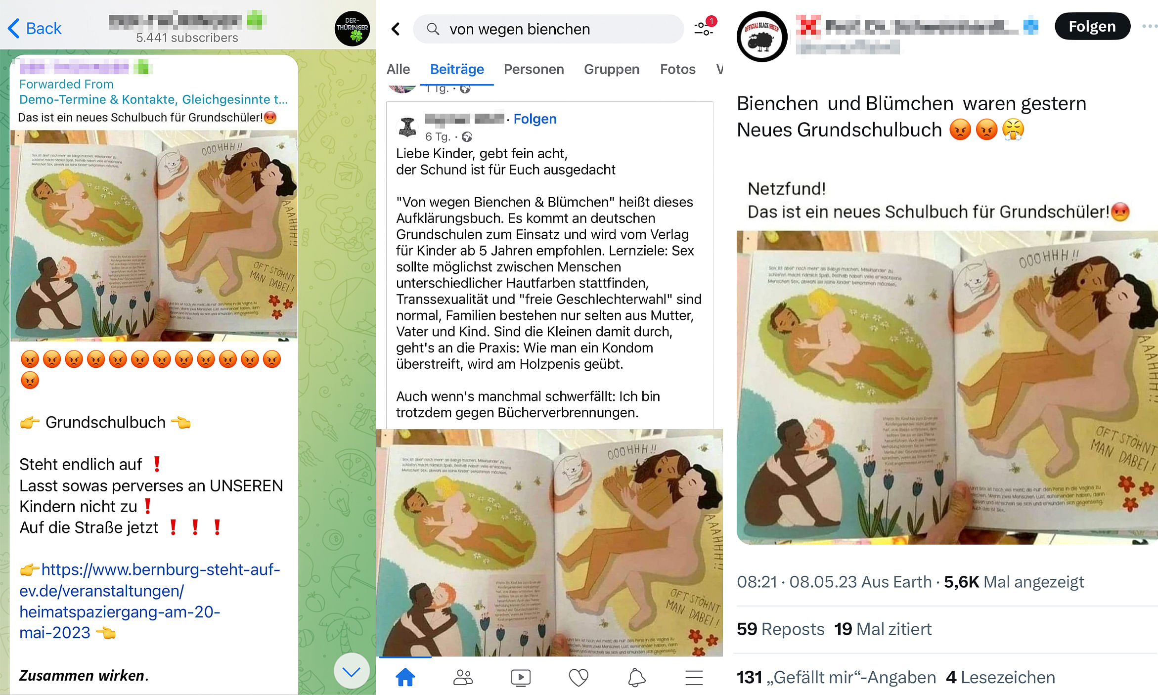 Screnshots diverser Unterhaltungen. Menschen regen sich über das Kinderbuch auf.