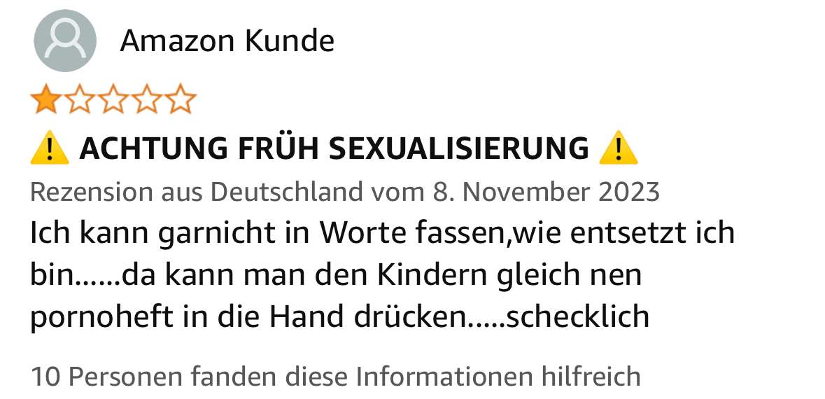 Screenshot einer Amazon-Rezension: Achtung, Frühexualisierung!