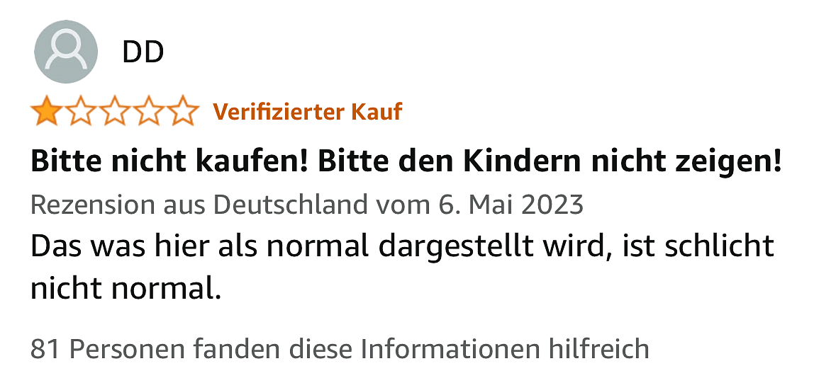 Screenshot einer Amazon.de-Rezension: Bitte nicht kaufen! Bitte nicht den Kindern zeigen