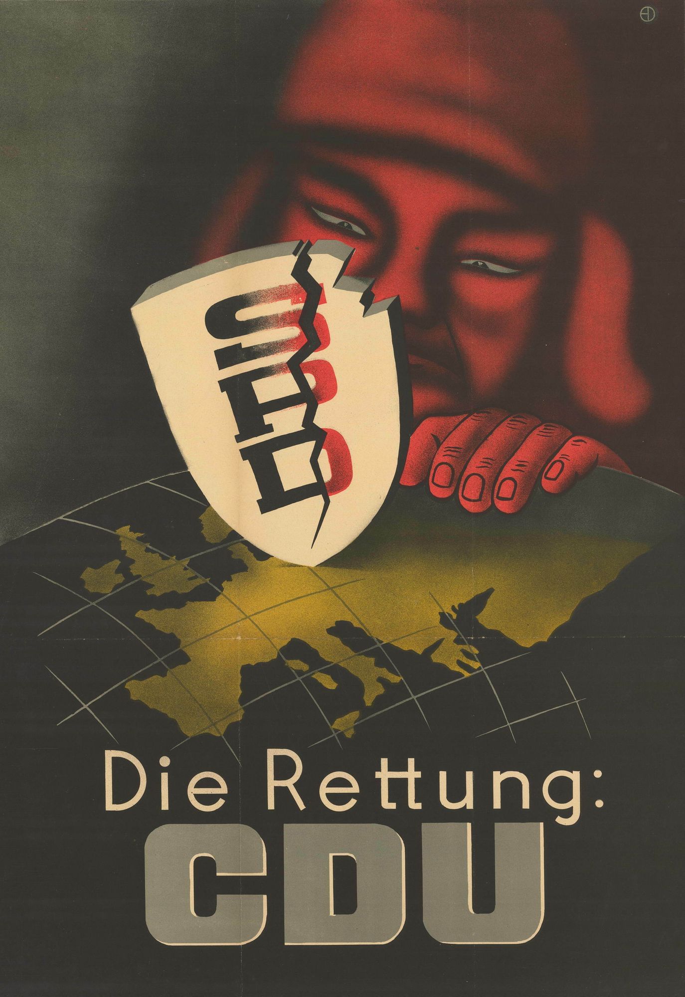 Die Welt, eine rote gruselige Figur und die Schrift "Die Rettung: CDU".