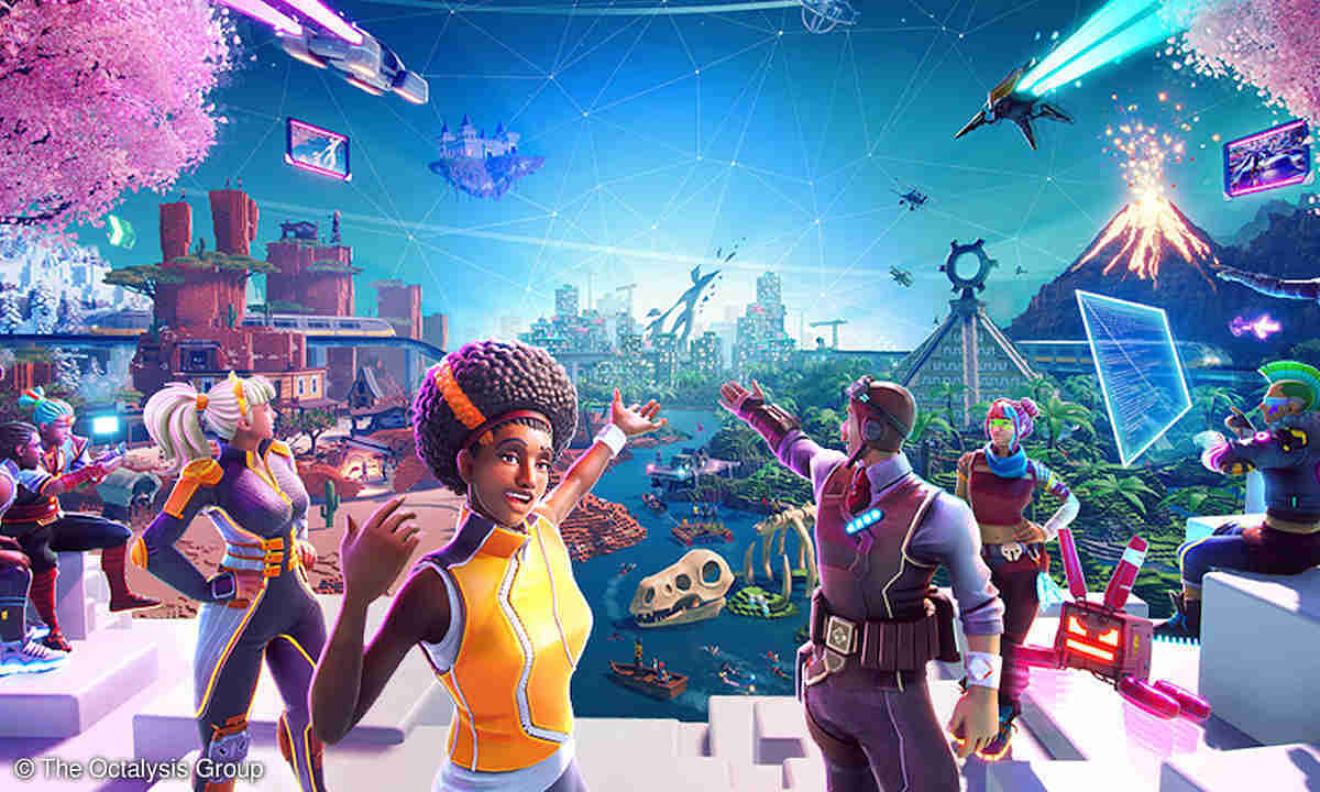 Das Werbebild der Firma "Meta" zeigt, wie das "Metaverse" in Zukunft aussehen könnte. Zeichentrickcharaktere in Raumschiffkleidung stehen vor der Skyline einer virtuellen Stadt. Im Hintergrund bricht ein Vulkan aus, Jets fliegen durch den Himmel.