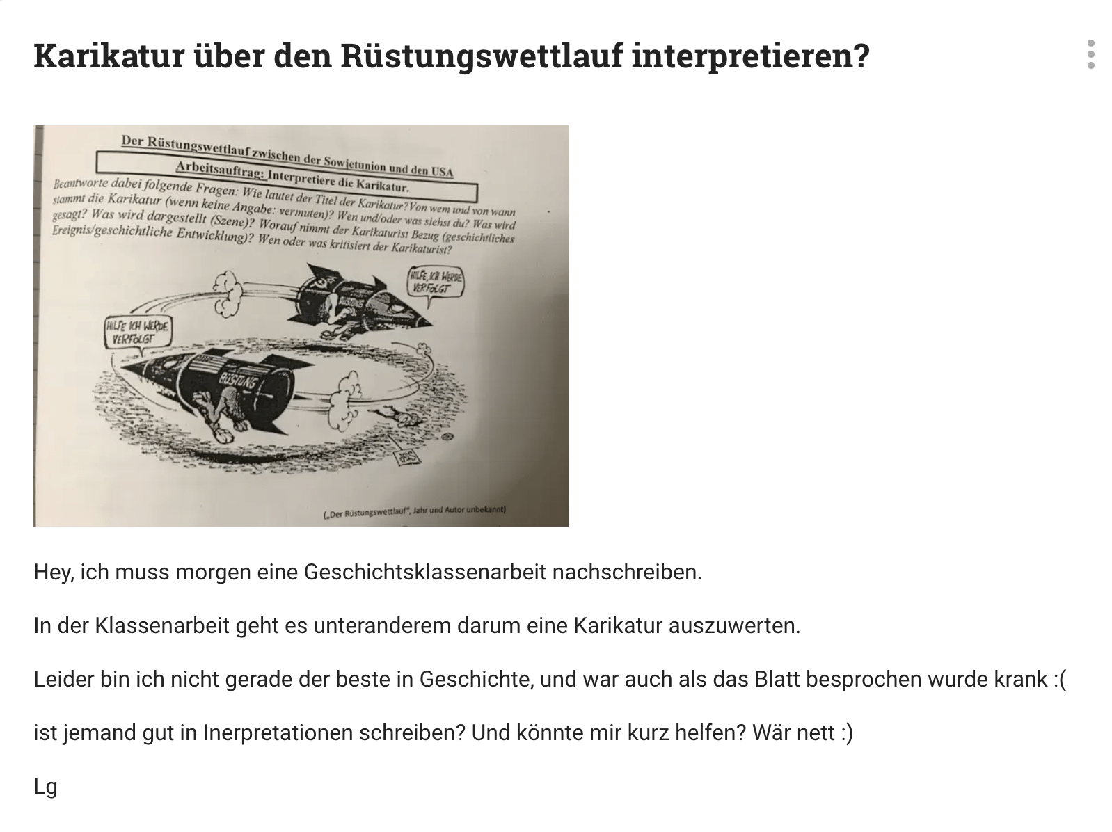 Die Karikatur zeigt zwei Raketen, die sich im Kreis jagen, mit Sprechblasen "Hilfe, ich werde verfolgt."