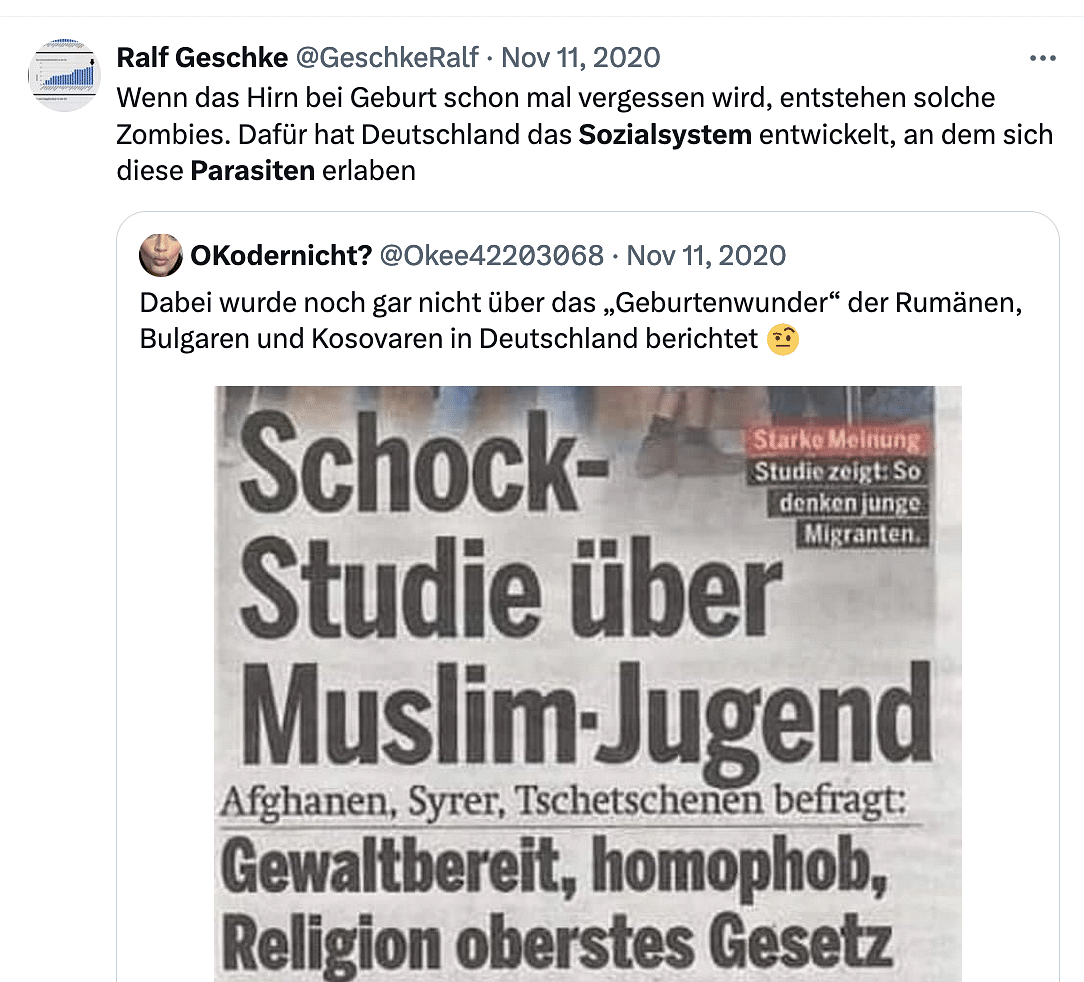 Das Bild zeigt einen Zeitungsartikel mit dem Titel "Schock-Studie" über Muslim-Jugend", dazu schreibt ein Twitter-Nutzer etwas von "Parasiten"