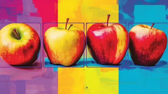 Vier gemalte, bunte Äpfel nebeneinander.