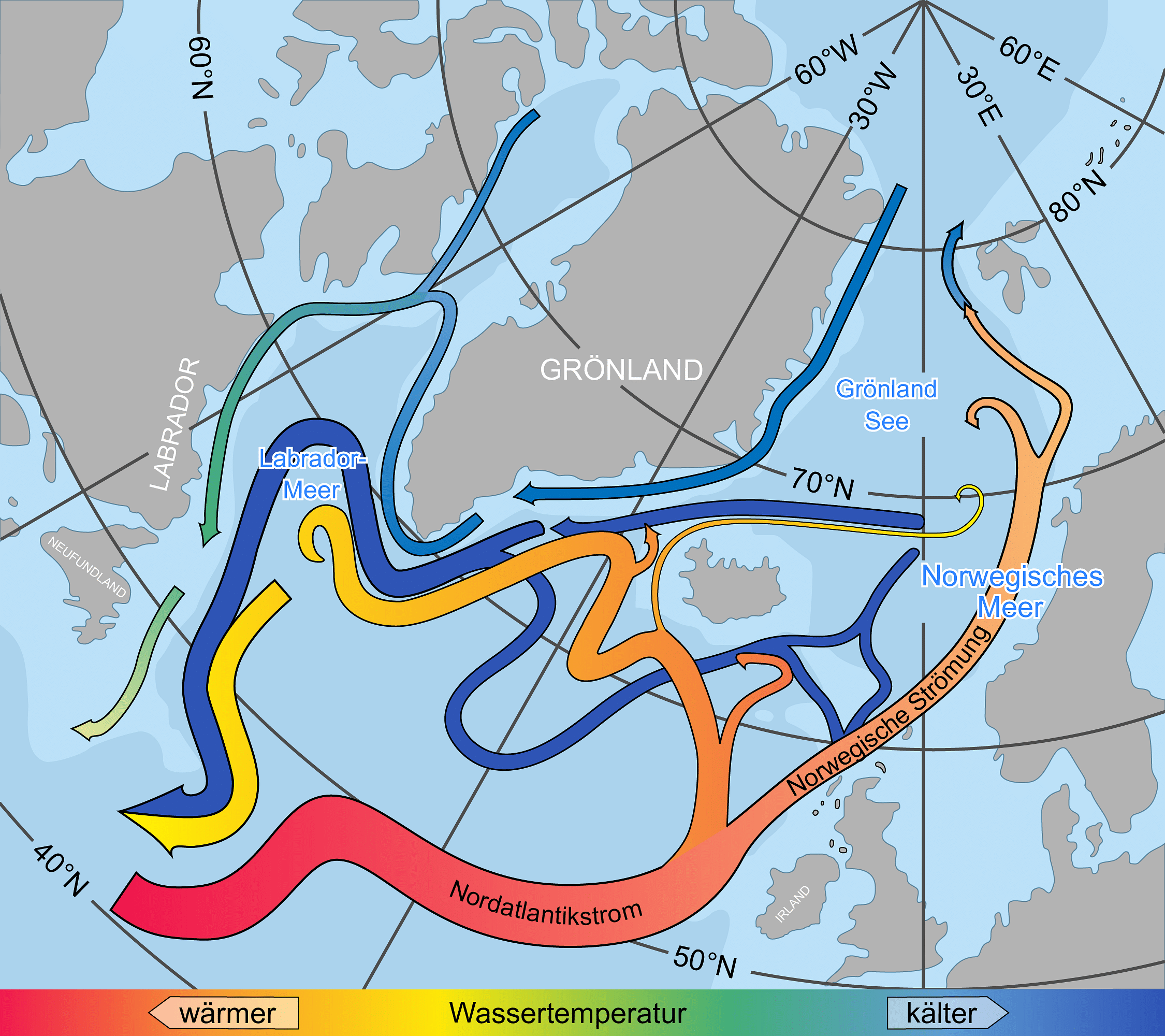 Eine Karte des Nordatlantiks zeigt ozeanische Strömungen und ihre Temperaturen. Warme Strömungen wie der Nordatlantikstrom und der Norwegische Strom sind in Rot und Orange dargestellt, während kalte Strömungen wie der Labrador- und der Grönlandstrom in Blau und Grün erscheinen. Die Strömungen verlaufen um Grönland, Island sowie entlang der Küsten Europas und Nordamerikas. Warme Strömungen fließen nach Norden, kalte nach Süden.