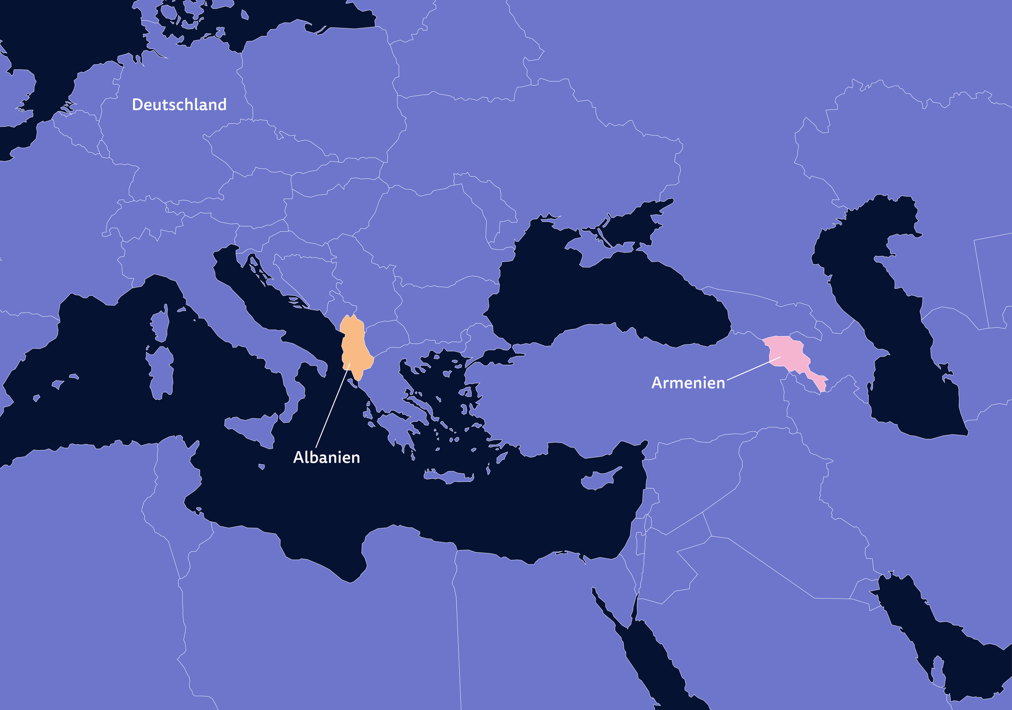 Eine Karte, auf der Albanien und Armenien hervorgehoben sind.