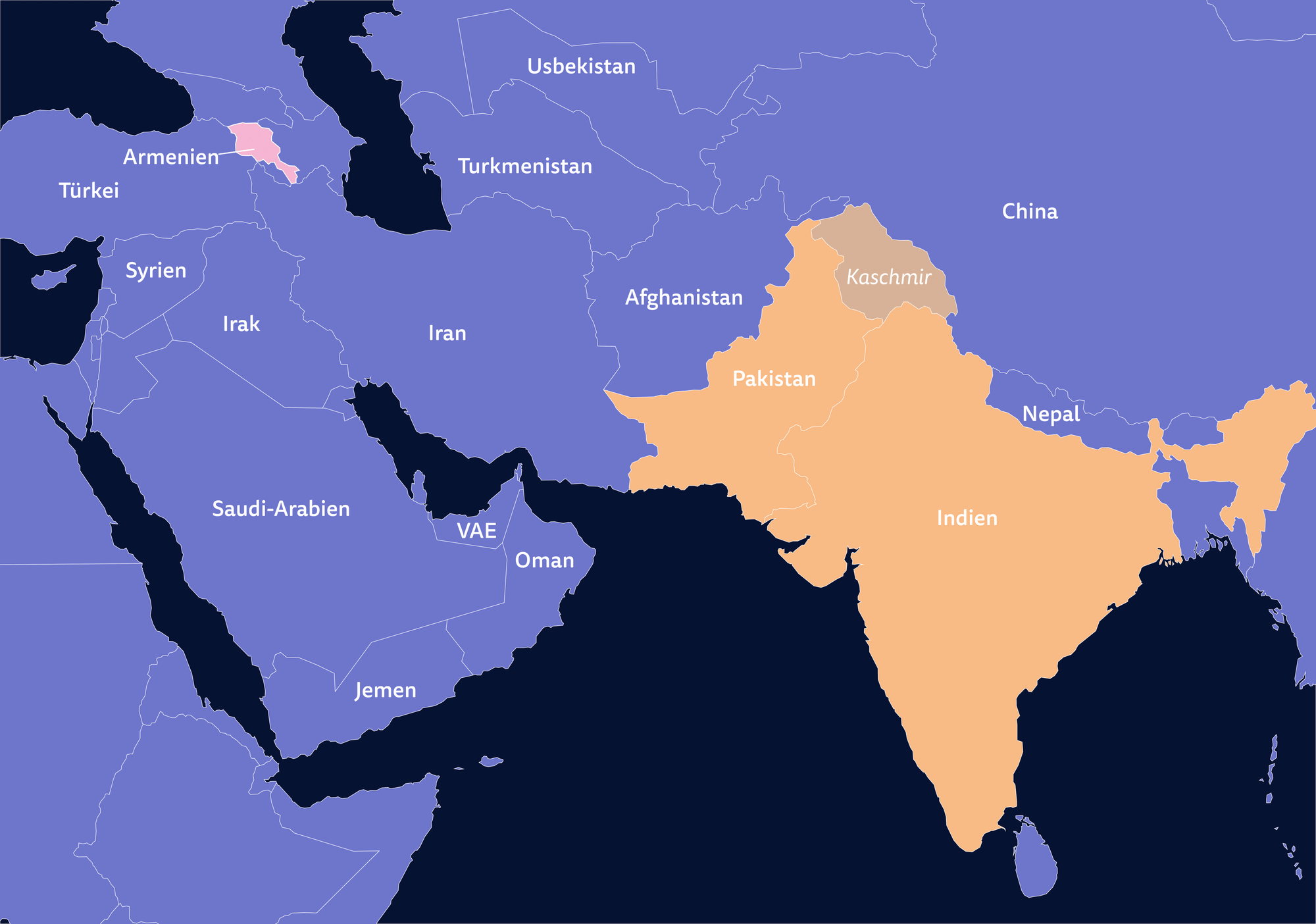 Eine Karte, bei der Armenien, Indien, Pakistan und die Region Kaschmir hervorgehoben sind.