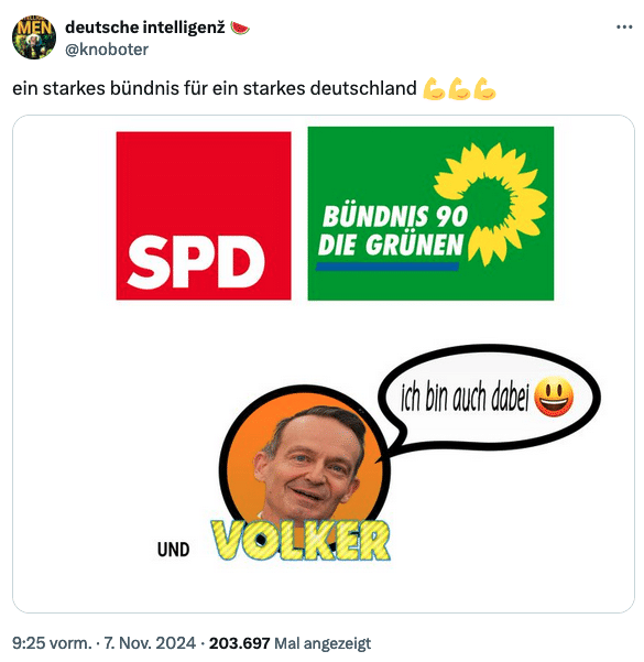 Überschrift: ein starkes Bündnis für Deutschland 💪 💪 💪  darunter: die Logos von SPD und Grünen und Volker (dazu ein Gesicht von Volker Wissing), der in einer Sprechblase sagt: Ich bin auch dabei