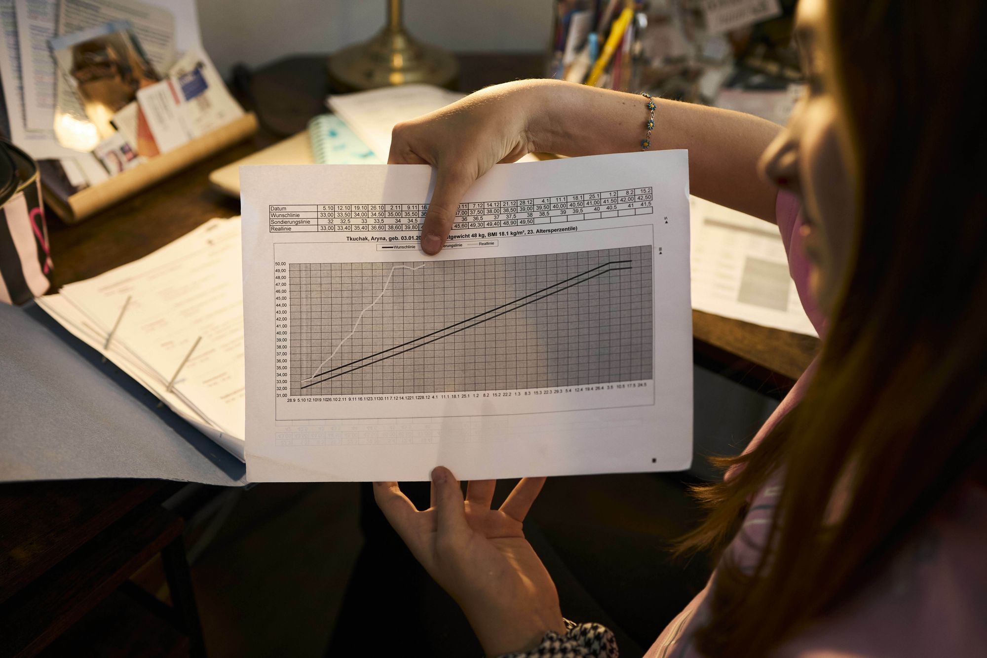 Aryna hält eine ausgedruckte Grafik in die Kamera, auf der ihre Gewichtszunahme abgebildet ist. Sie hat wesentlich schneller zugenommen, als erwartet.