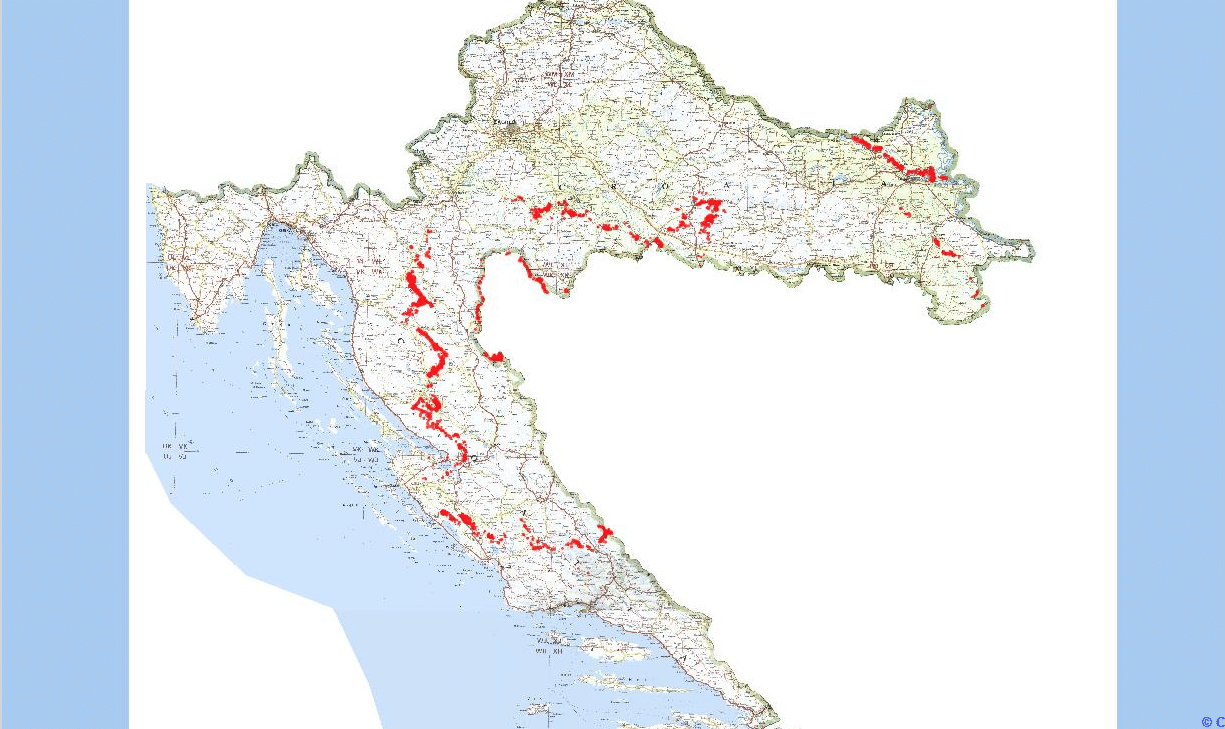 Rot markiert sind die Landminengebiete Kroatiens