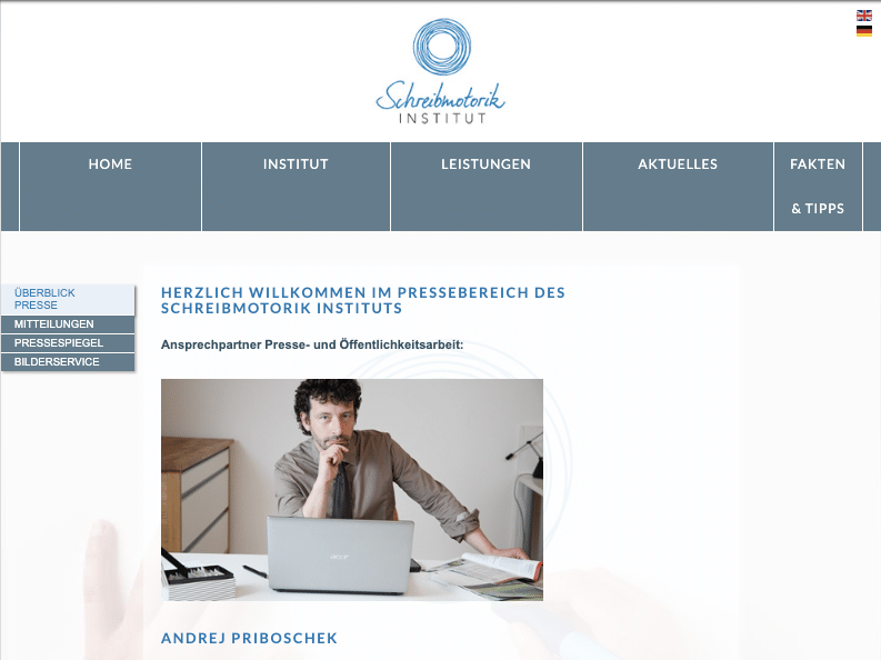Ein Screenshot der Webseite des Schreibmotorik-Instituts vom 28. Juli 2021, auf dem Priboschek als Pressekontakt angegeben ist. Generiert mit der Wayback-Machine.