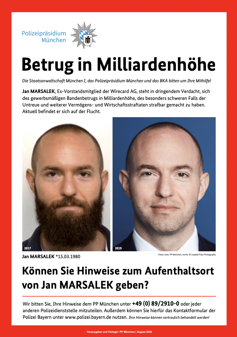 Fahndungsplakat Jan Marsalek mit Fotos von ihm.