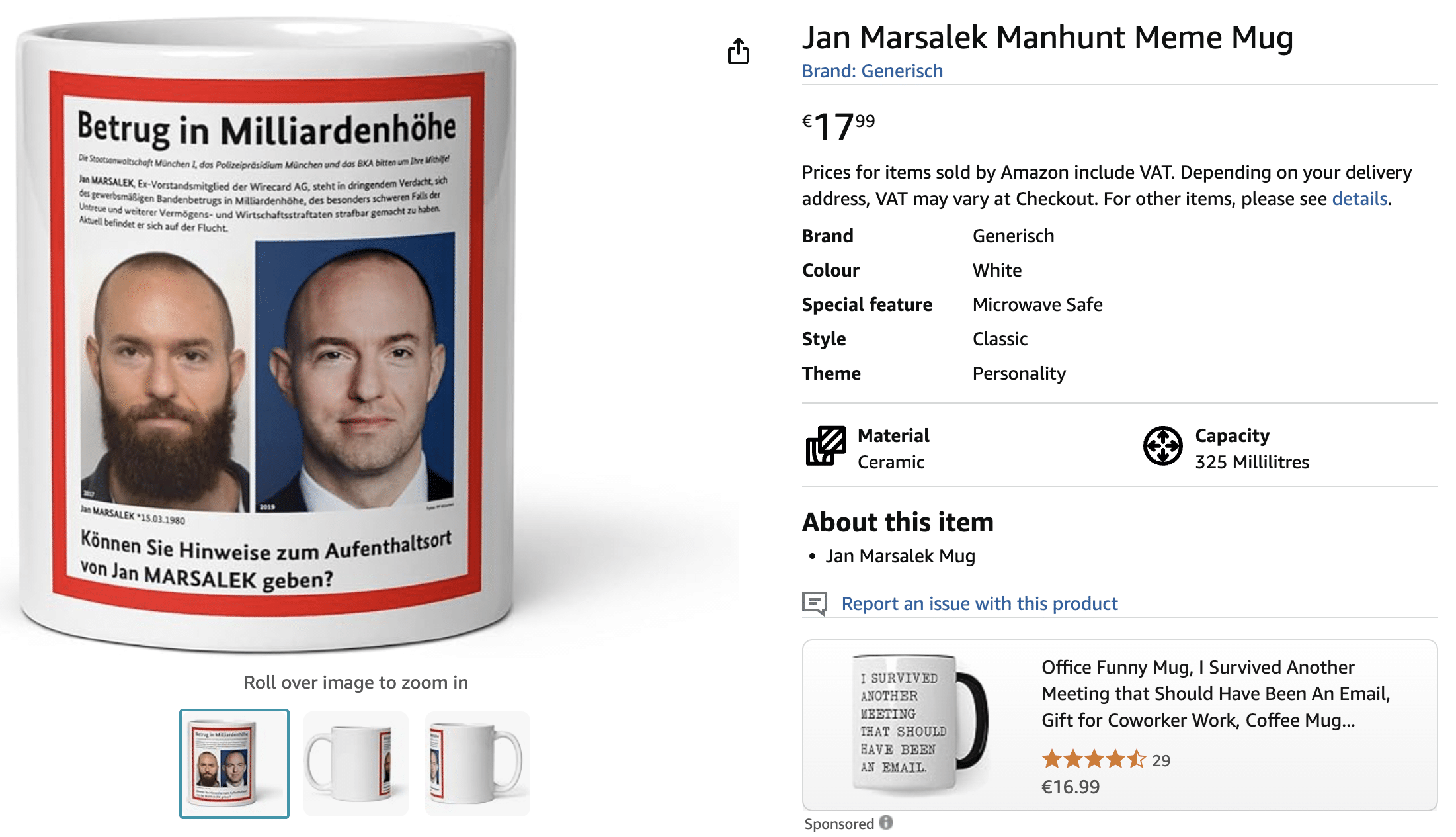 Auf dem Screenshot ist die Amazon-Verkaufsseite einer Tasse zu sehen, auf die das Fahnungsplakat von Jan Marsalek gedruckt ist.