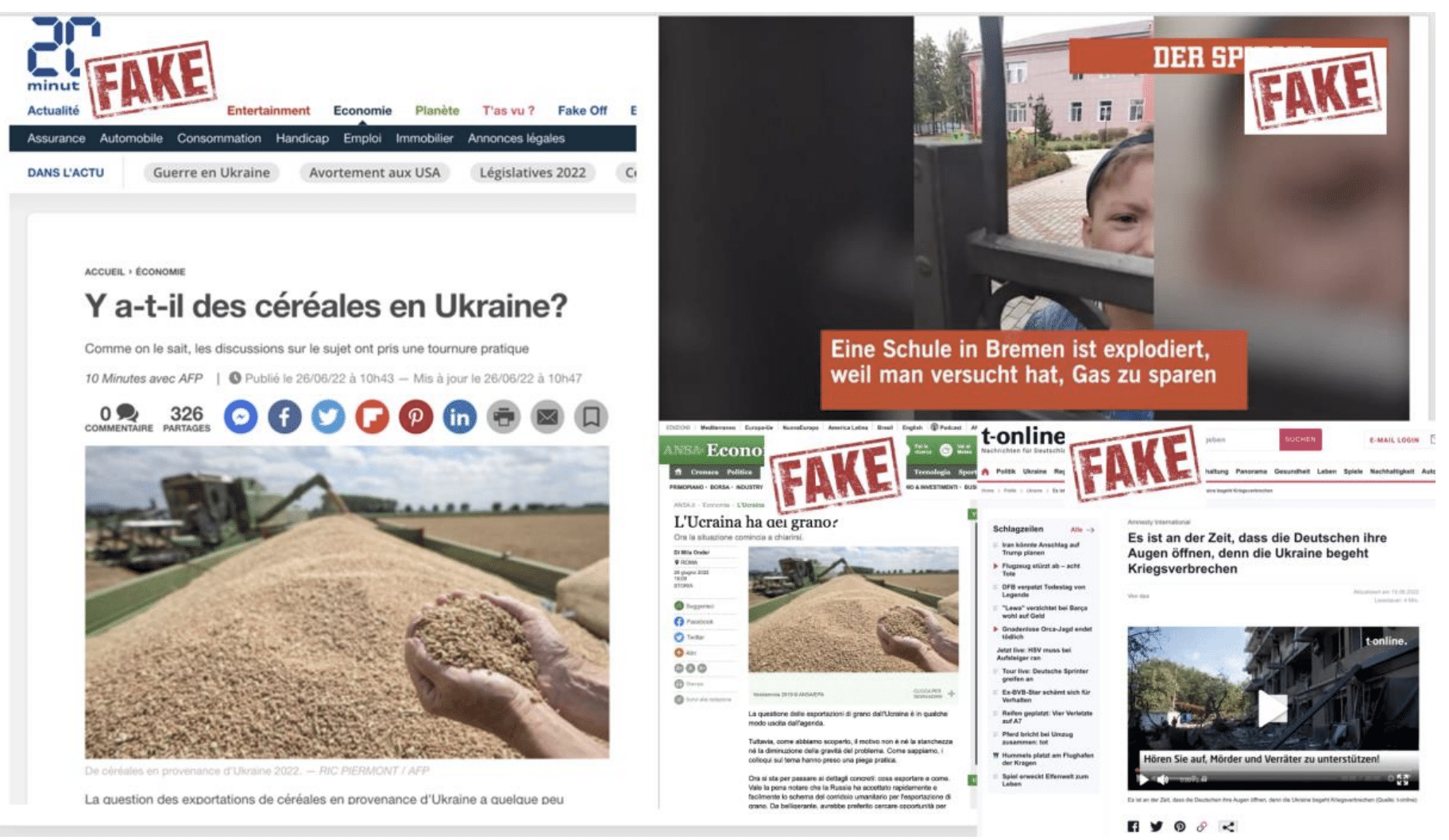 Auf dem Screenshot sieht man gefälschte nachgebaute Nachrichtenseiten, z.B. von t-online oder dem Spiegel. Sie sind als Fake markiert.