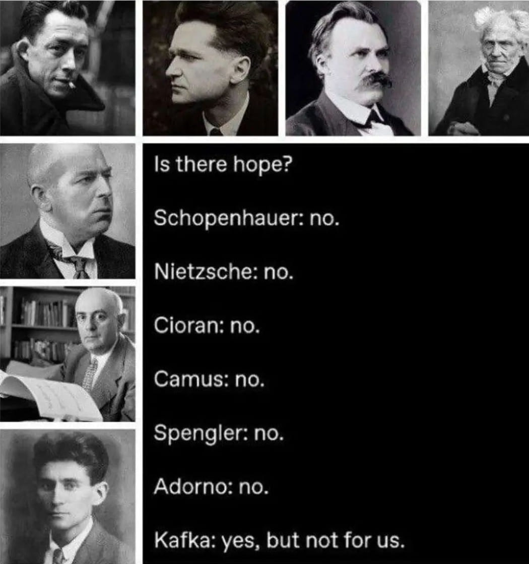 Das Bild ist eine Collage aus Porträts berühmter Philosophen und Denker des 19. und 20. Jahrhunderts, begleitet von einem ironisch-pessimistischen Text. Es zeigt acht Schwarz-Weiß-Fotografien (jeweils Porträts), geordnet in zwei vertikalen Reihen. Neben den Bildern steht folgender Text:

Is there hope?
Schopenhauer: no.
Nietzsche: no.
Cioran: no.
Camus: no.
Spengler: no.
Adorno: no.
Kafka: yes, but not for us.