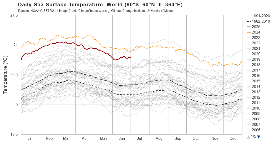 Das Liniendiagramm zeigt die täglichen globalen Meeresoberflächentemperaturen zwischen von 1981 bis 2024. Es zeigt Jahreslinien mit dem Mittelwert von 1982–2011 und deutlich höheren Temperaturen im Jahr 2024 und 2025. Daten: NOAA OISST V2.1; Bild: ClimateReanalyzer.org, University of Maine.
