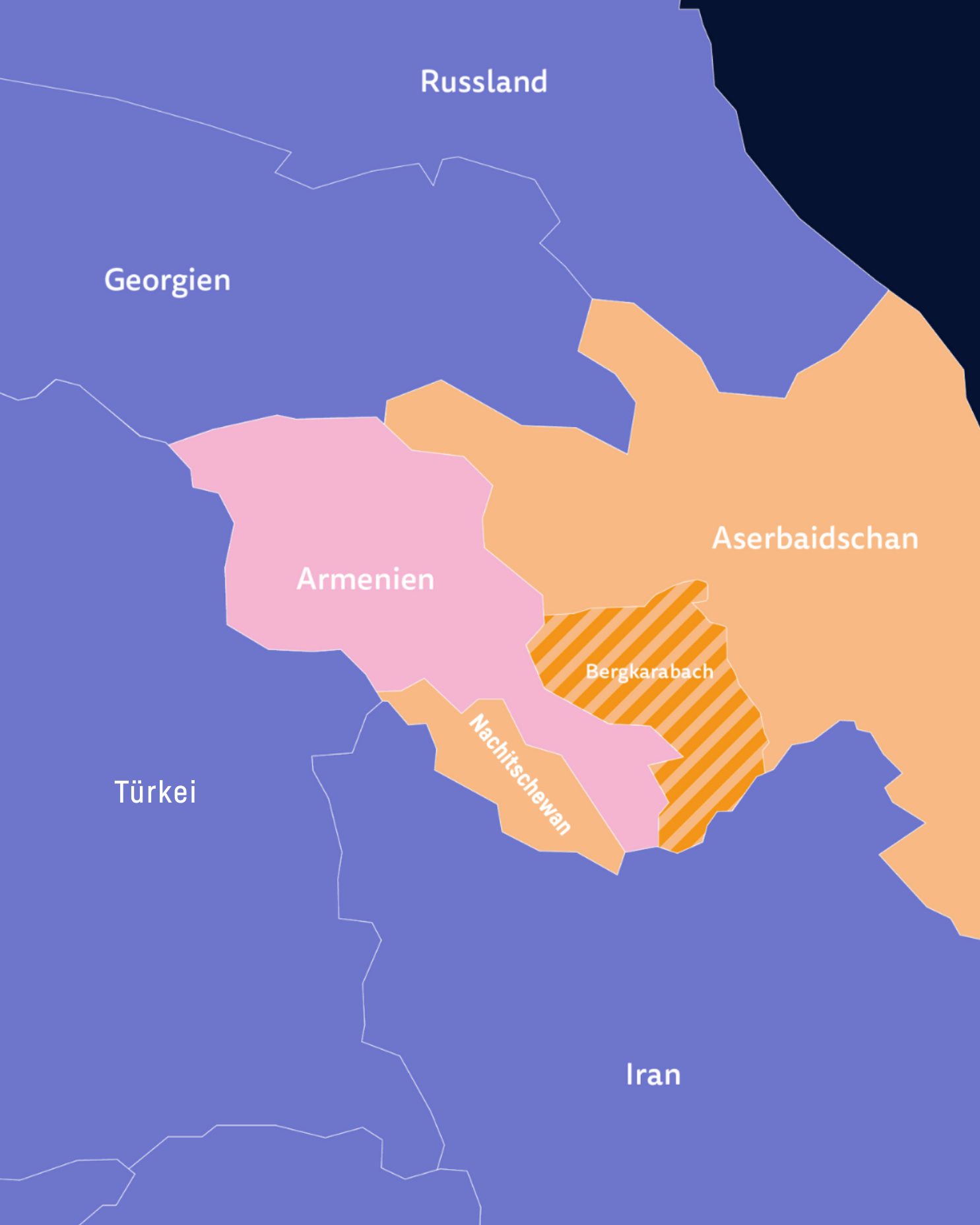 Eine Landkarte, auf der Armenien und Aserbaidschan zu sehen sind. Bergkarabach ist schraffiert.