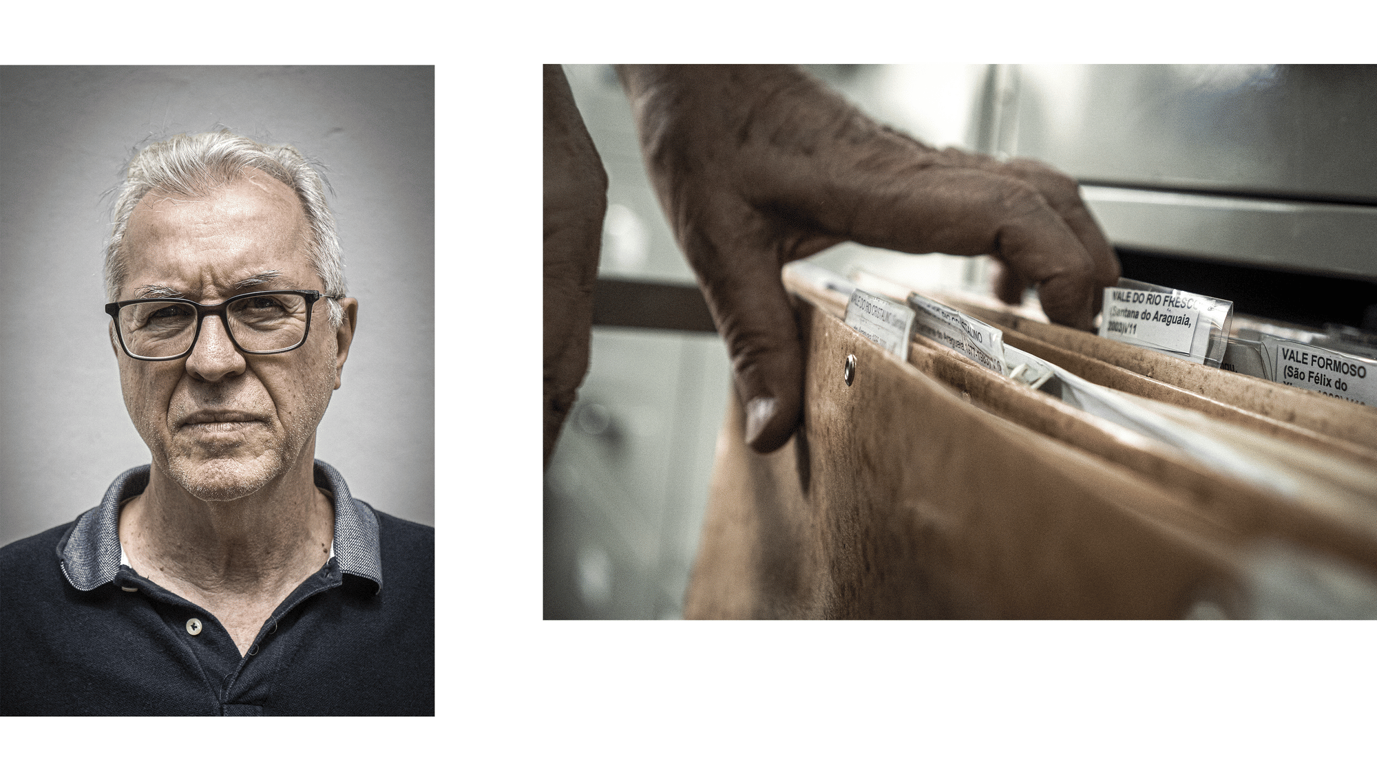 Links: Ein Mann mit Brille und weißem Haar blickt in die Kamera. Rechts: Eine Hand greift in eine Schublade voller Akten.