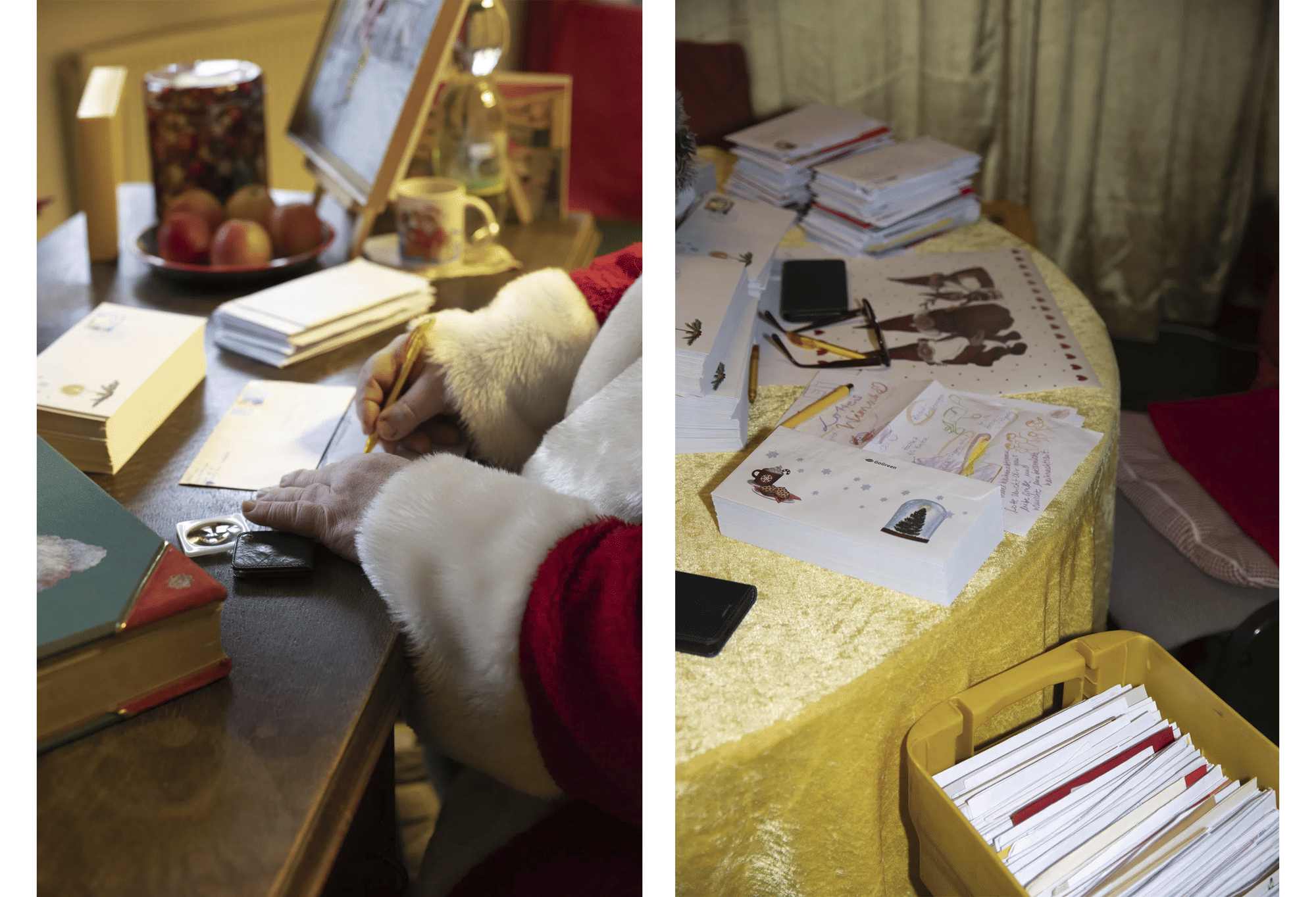 Auf dem Schreibtisch des Weihnachtsmannes und am runden Tisch der Engel türmen sich die Wunschzettel der Kinder aus aller Welt. 